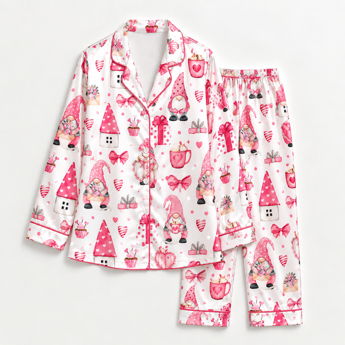 PJ-M2229-Pink Christmas Pajama Set, Gnome Bow Holiday Pajamas, Festive Gift Heart Sleepwear, Whimsical Christmas Morning Family PJs