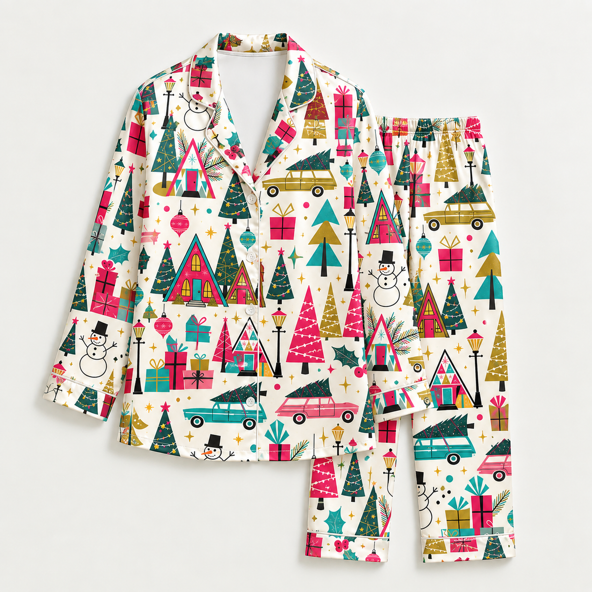 PJ-M2230-Retro Christmas Pajama Set, Colorful Holiday Village Pajamas, Christmas Tree Gift Car Pattern Sleepwear, Vintage Festive Family PJs
