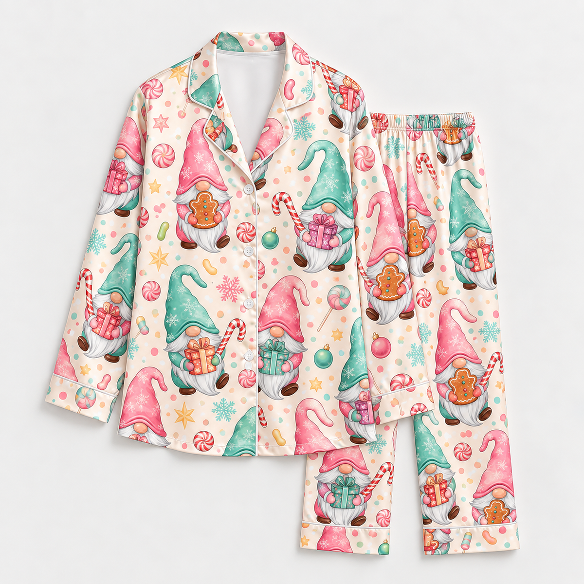PJ-M2232-Christmas Gnome Satin Pajama Set, Gingerbread Candy Cane Gift Pastel Holiday Sleepwear