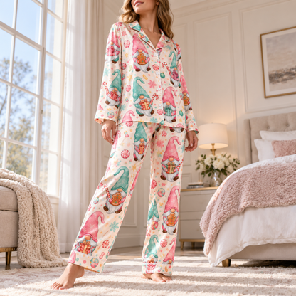 PJ-M2232-Christmas Gnome Satin Pajama Set, Gingerbread Candy Cane Gift Pastel Holiday Sleepwear