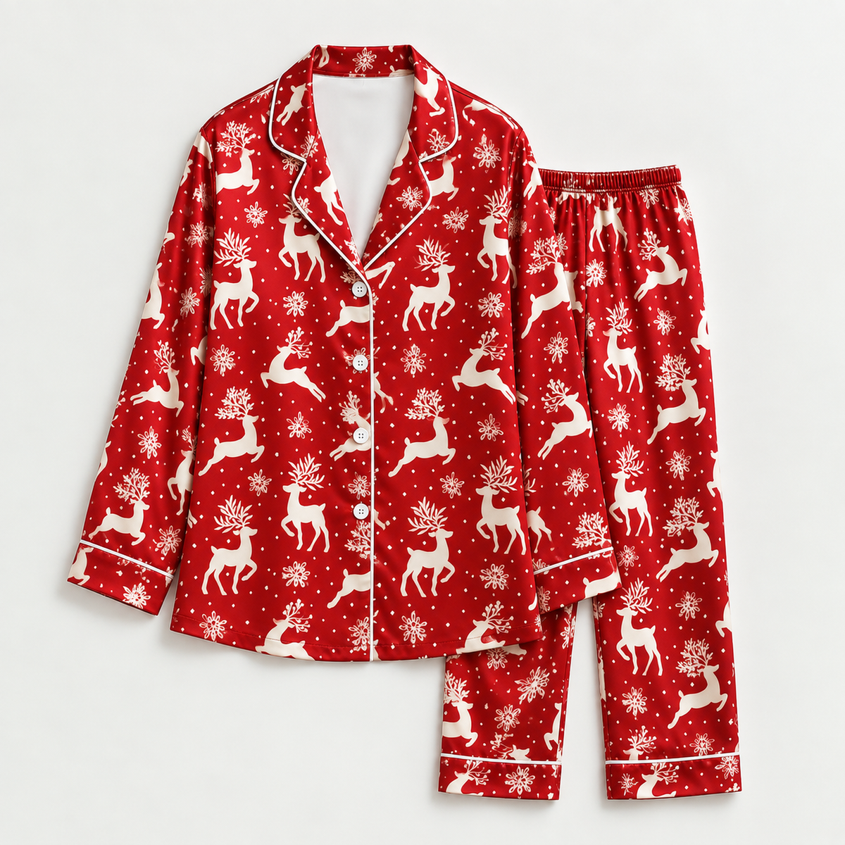 PJ-M2233-Red Reindeer Christmas Satin Pajama Set, Snowflake Winter Holiday Festive Cozy Sleepwear