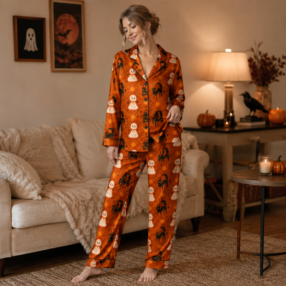 PJ-M238-Spooky Halloween Pajama Apparel, Spooky Pattern Loungewear Sleepwear Collection Top Bottom Matching Clothing