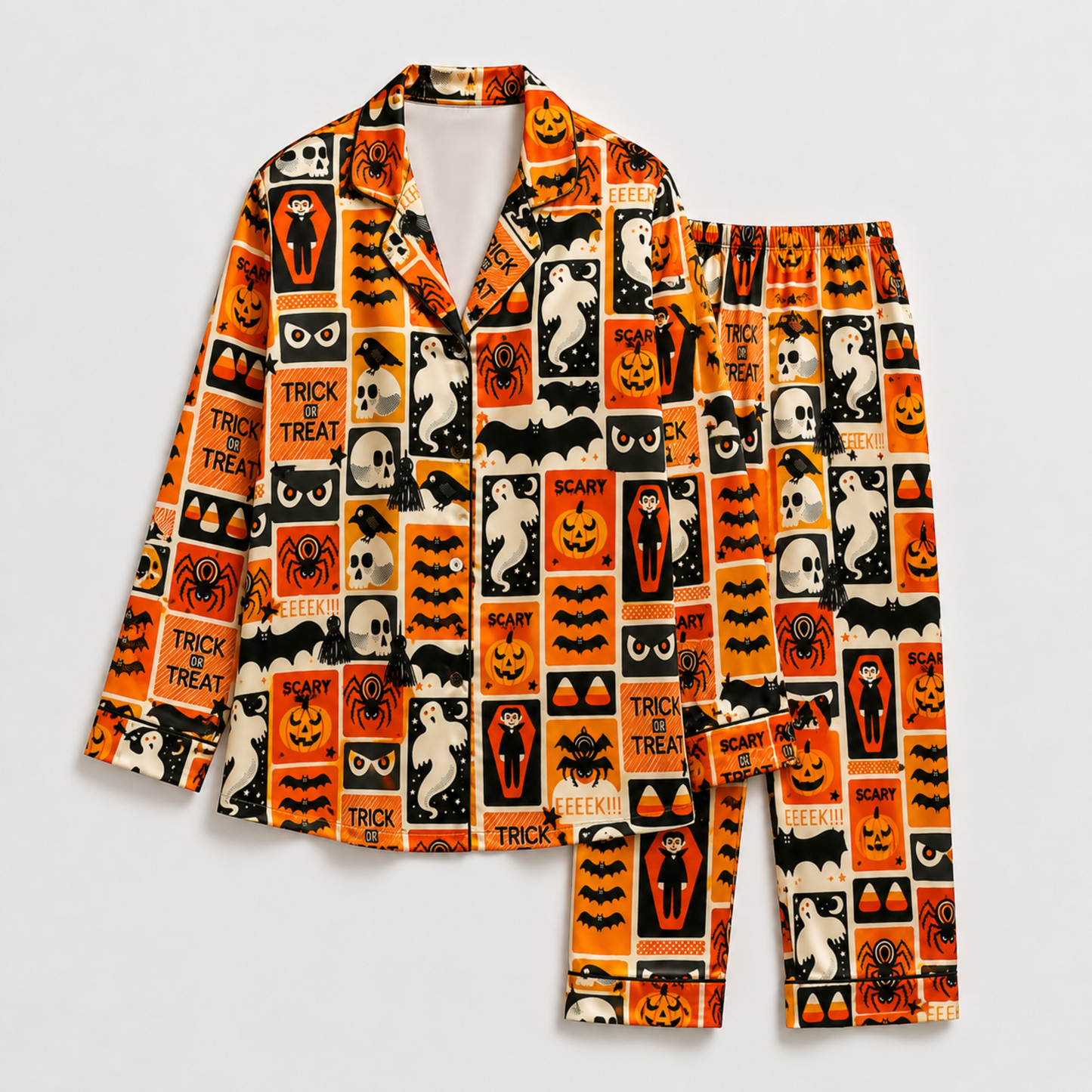 PJ-M239-Orange Halloween Pajama Apparel, Spooky Pattern Loungewear Sleepwear Collection Top Bottom Matching Clothing