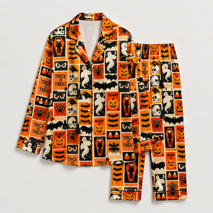 PJ-M239-Orange Halloween Pajama Apparel, Spooky Pattern Loungewear Sleepwear Collection Top Bottom Matching Clothing