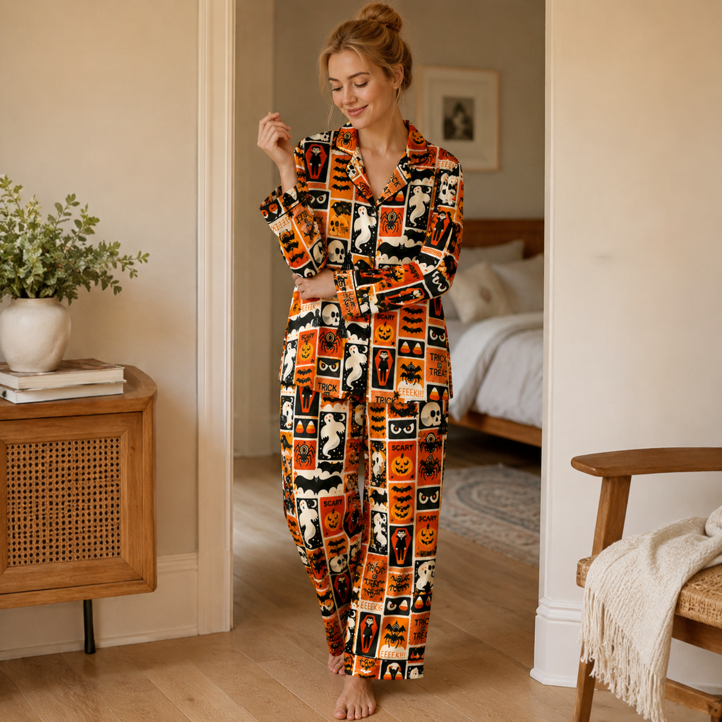 PJ-M239-Orange Halloween Pajama Apparel, Spooky Pattern Loungewear Sleepwear Collection Top Bottom Matching Clothing