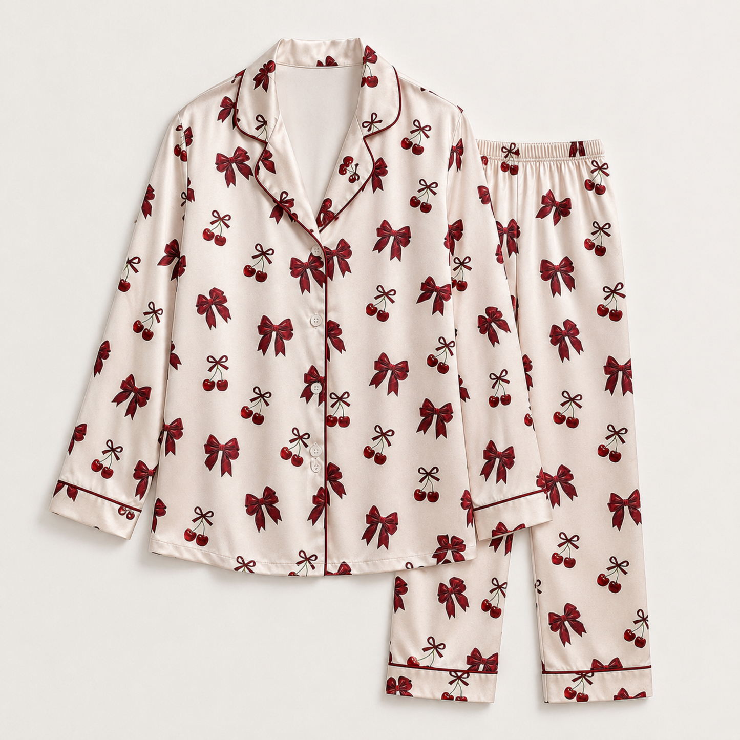 PJ-M241-Alabaster Graphic Pajama Apparel, Elegant Ribbon Motif Loungewear Sleepwear Collection Top Bottom Garments
