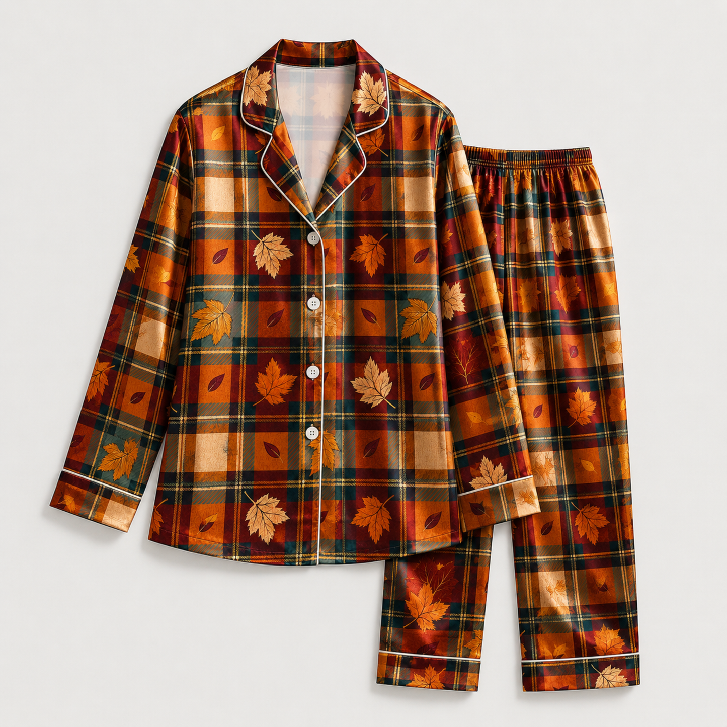 PJ-M243-Orange Fabric Aesthetic Pajama Apparel, Whimsical Fall Graphic Loungewear Sleepwear Collection Top Bottom Raiment