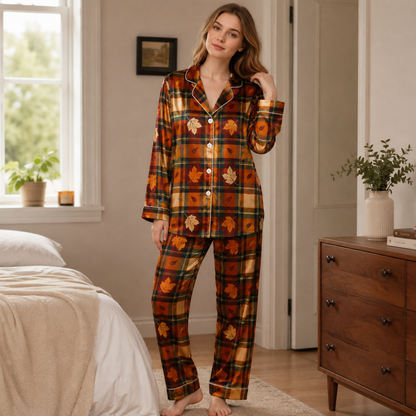 PJ-M243-Orange Fabric Aesthetic Pajama Apparel, Whimsical Fall Graphic Loungewear Sleepwear Collection Top Bottom Raiment