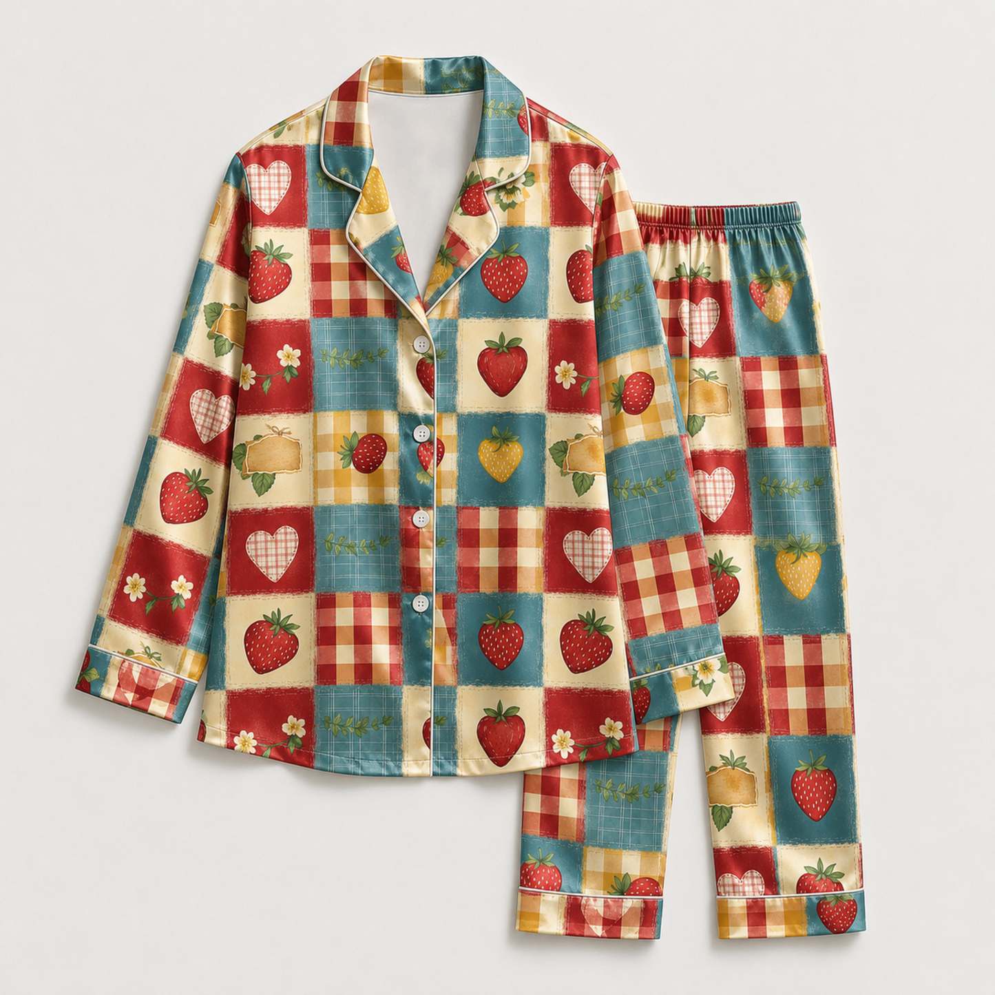 PJ-M244-Multi Strawberry Pajama Apparel, Gingham Pattern Loungewear Sleepwear Collection Top Bottom Matching Clothing