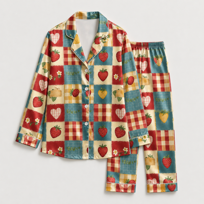 PJ-M244-Multi Strawberry Pajama Apparel, Gingham Pattern Loungewear Sleepwear Collection Top Bottom Matching Clothing