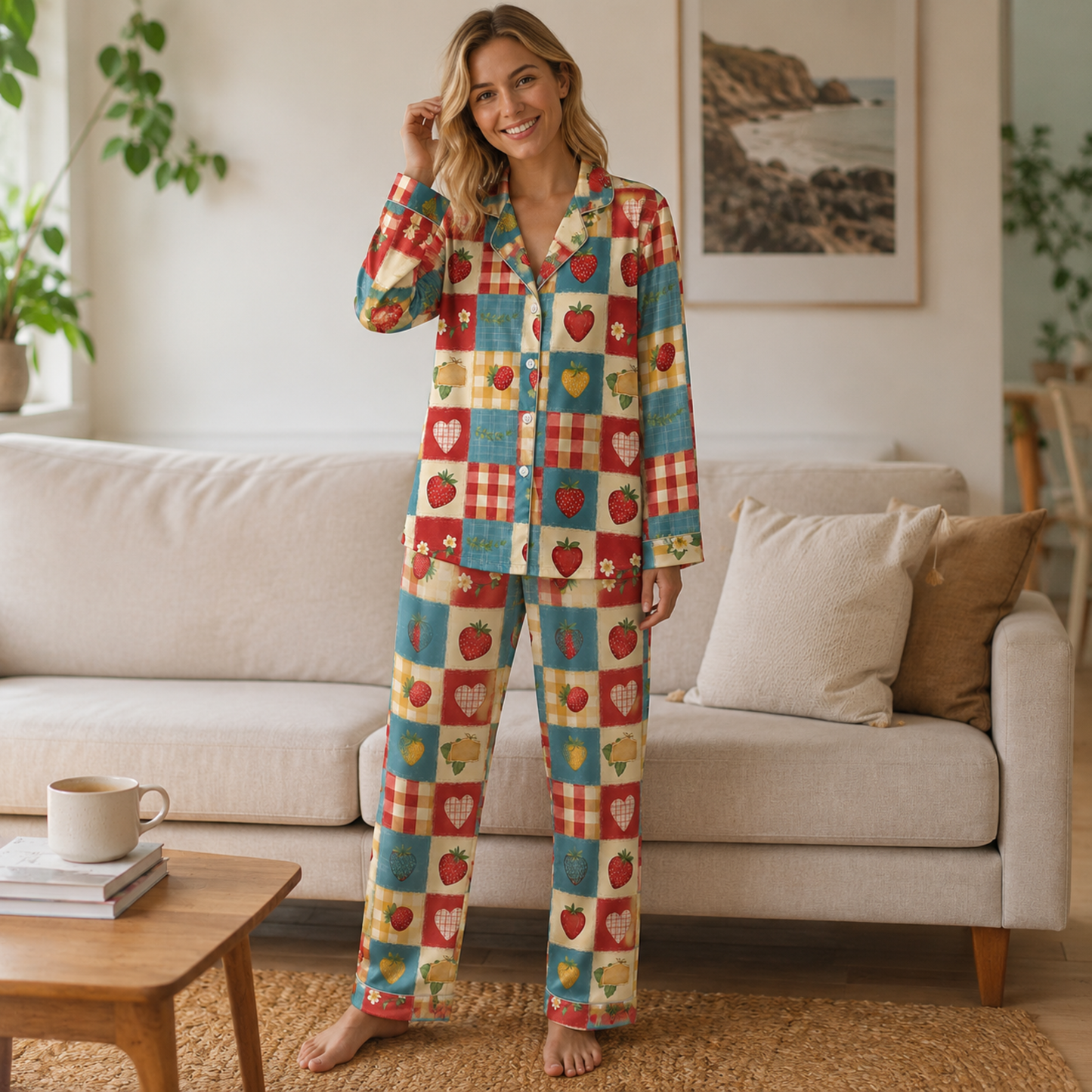 PJ-M244-Multi Strawberry Pajama Apparel, Gingham Pattern Loungewear Sleepwear Collection Top Bottom Matching Clothing