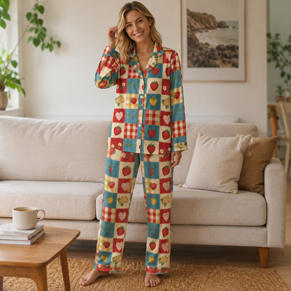PJ-M244-Multi Strawberry Pajama Apparel, Gingham Pattern Loungewear Sleepwear Collection Top Bottom Matching Clothing