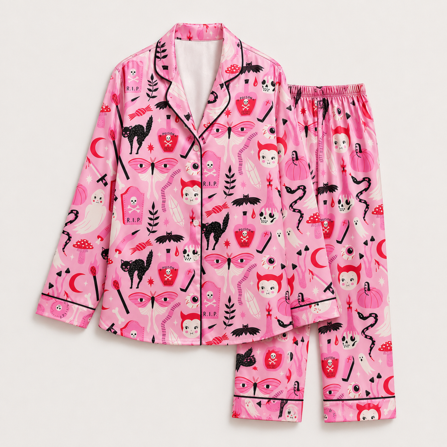 PJ-M245-Rose Halloween Aesthetic Pajama Apparel, Whimsical Occult Graphic Loungewear Sleepwear Collection Top Bottom Raiment