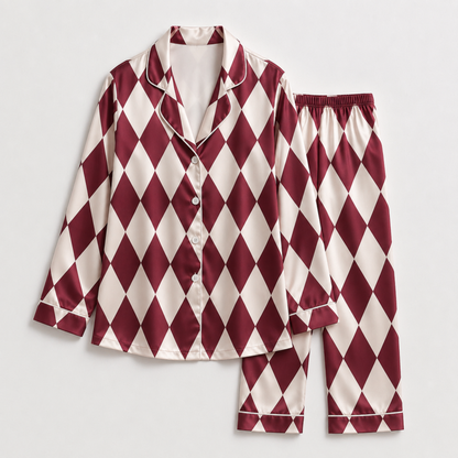 PJ-M246-Wine Synthetic Lattice Pajama Apparel, Elegant Printed Loungewear Sleepwear Collection Top Bottom Matching Attire