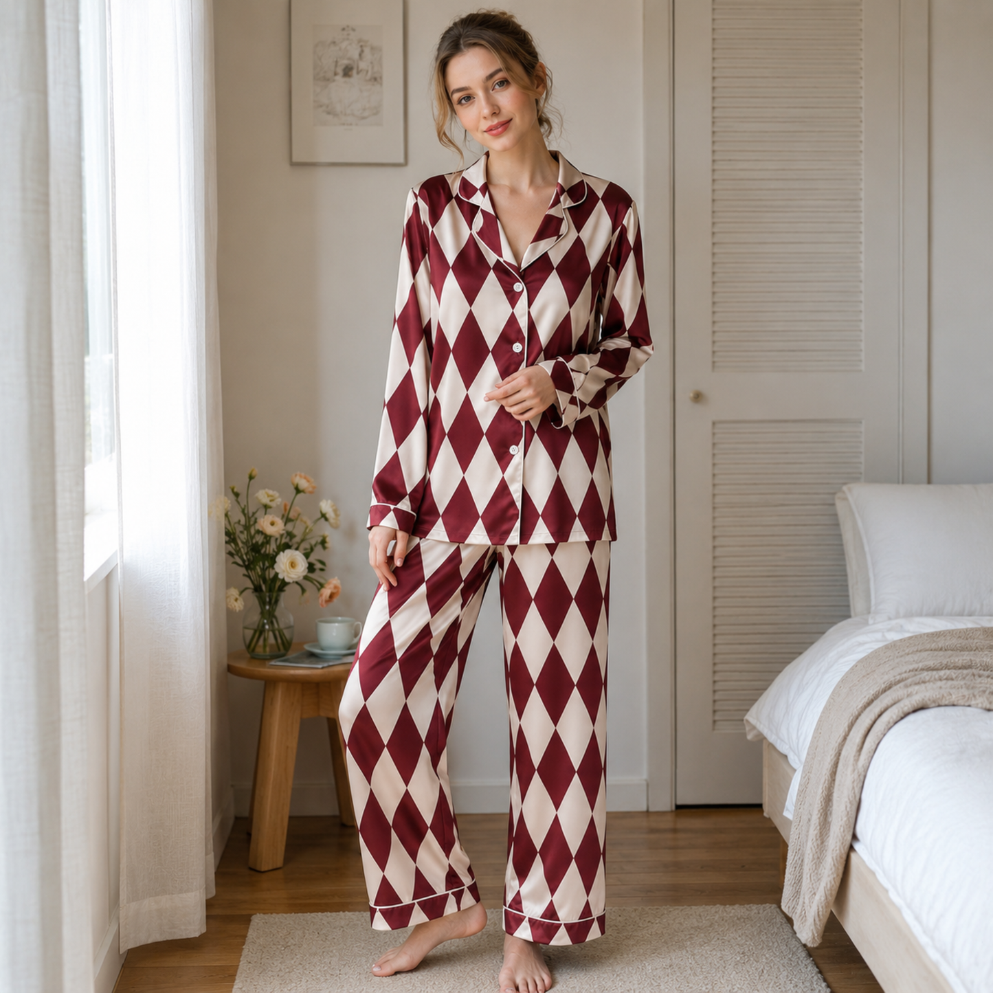 PJ-M246-Wine Synthetic Lattice Pajama Apparel, Elegant Printed Loungewear Sleepwear Collection Top Bottom Matching Attire