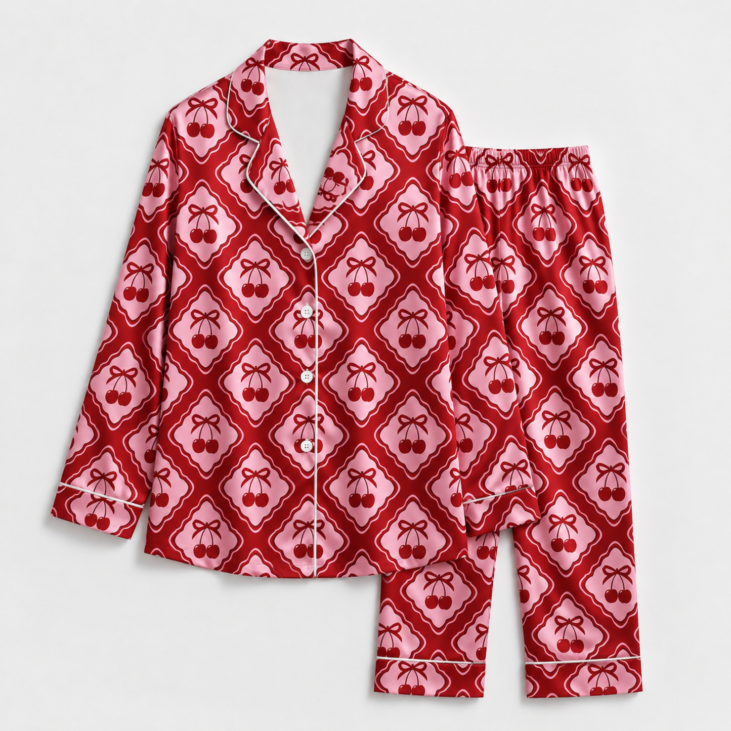 PJ-M247-Cherry Pajama Apparel, Diamond Pattern Loungewear Sleepwear Collection Top Bottom Matching Clothing