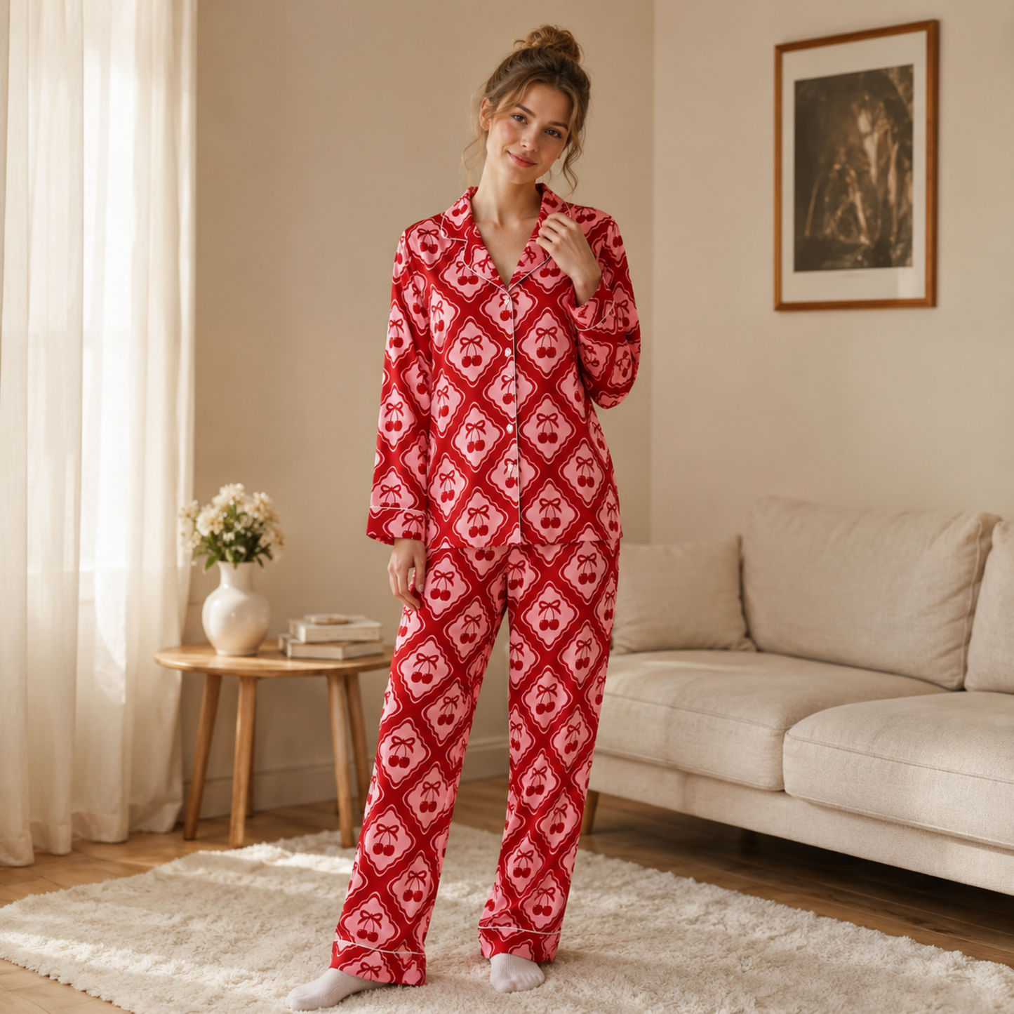 PJ-M247-Cherry Pajama Apparel, Diamond Pattern Loungewear Sleepwear Collection Top Bottom Matching Clothing