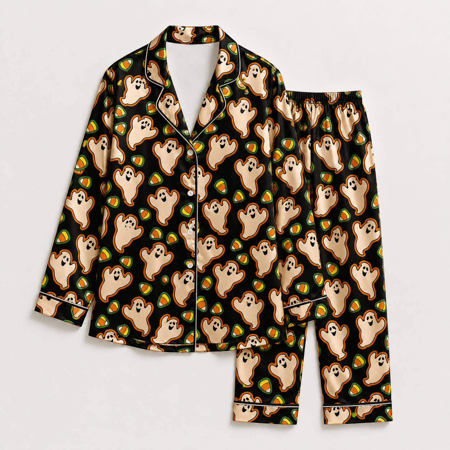 PJ-M249-Black Halloween Ghost Pajama Apparel, Candy Corn Pattern Loungewear Sleepwear Collection Top Bottom Clothing