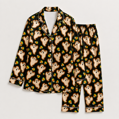 PJ-M249-Black Halloween Ghost Pajama Apparel, Candy Corn Pattern Loungewear Sleepwear Collection Top Bottom Clothing
