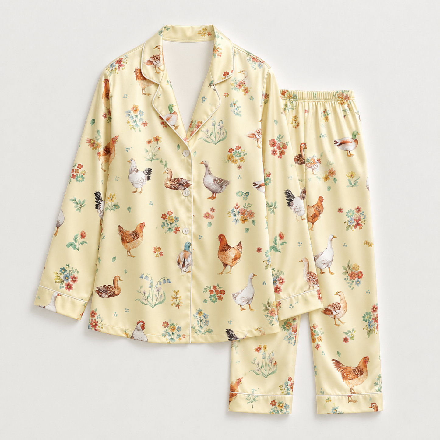 PJ-M250-Yellow Farm Pajama Apparel, Duck Floral Pattern Loungewear Sleepwear Collection Top Bottom Clothing