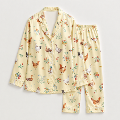 PJ-M250-Yellow Farm Pajama Apparel, Duck Floral Pattern Loungewear Sleepwear Collection Top Bottom Clothing