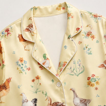 PJ-M250-Yellow Farm Pajama Apparel, Duck Floral Pattern Loungewear Sleepwear Collection Top Bottom Clothing