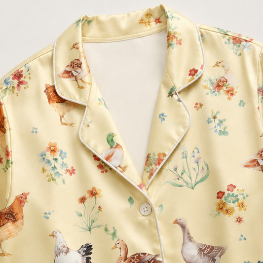 PJ-M250-Yellow Farm Pajama Apparel, Duck Floral Pattern Loungewear Sleepwear Collection Top Bottom Clothing