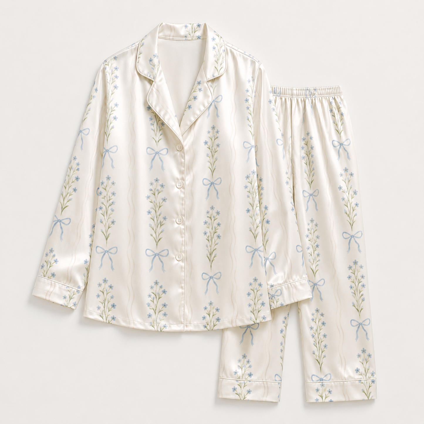 PJ-M251-Cream Fabric Aesthetic Pajama Apparel, Whimsical Blossom Graphic Loungewear Sleepwear Collection Top Bottom Raiment