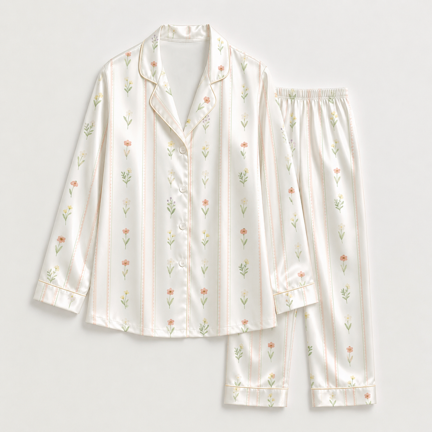 PJ-M252-Floral Print Satin Pajama Set, Matching Sleepwear and Cozy Loungewear Collection