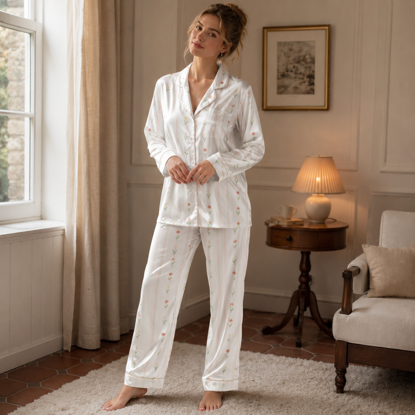 PJ-M252-Floral Print Satin Pajama Set, Matching Sleepwear and Cozy Loungewear Collection