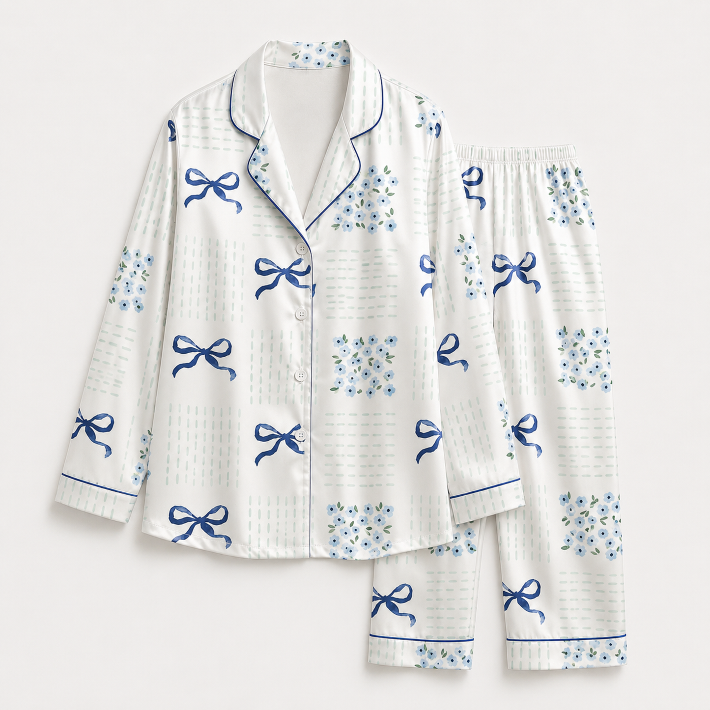 PJ-M254-Ribbon Print Satin Pajama Set, Matching Sleepwear and Cozy Loungewear Collection