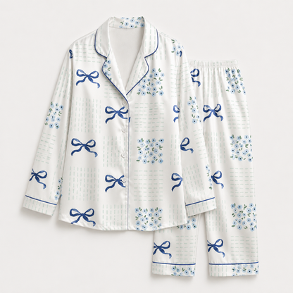 PJ-M254-Ribbon Print Satin Pajama Set, Matching Sleepwear and Cozy Loungewear Collection