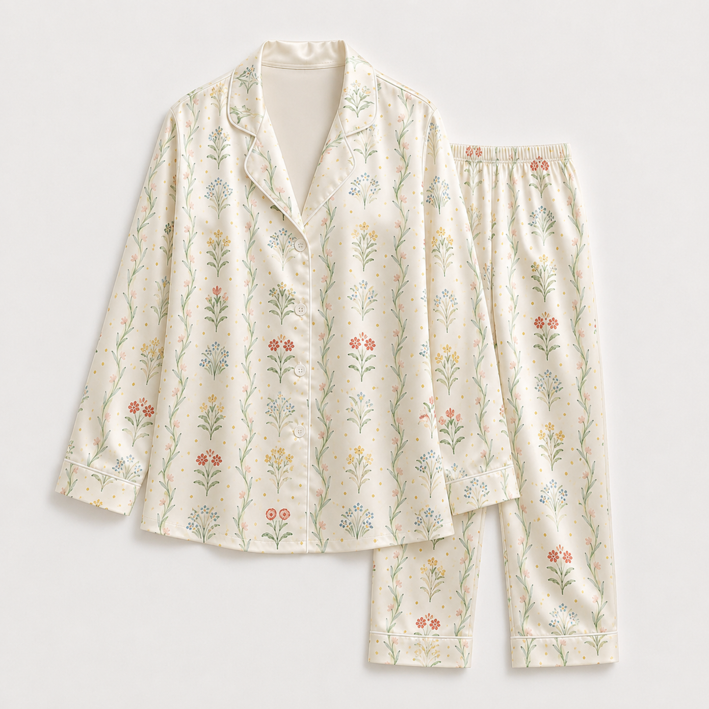 PJ-M255-Flower Pattern Satin Pajama Set, Soft Matching Sleepwear for Everyday Comfort