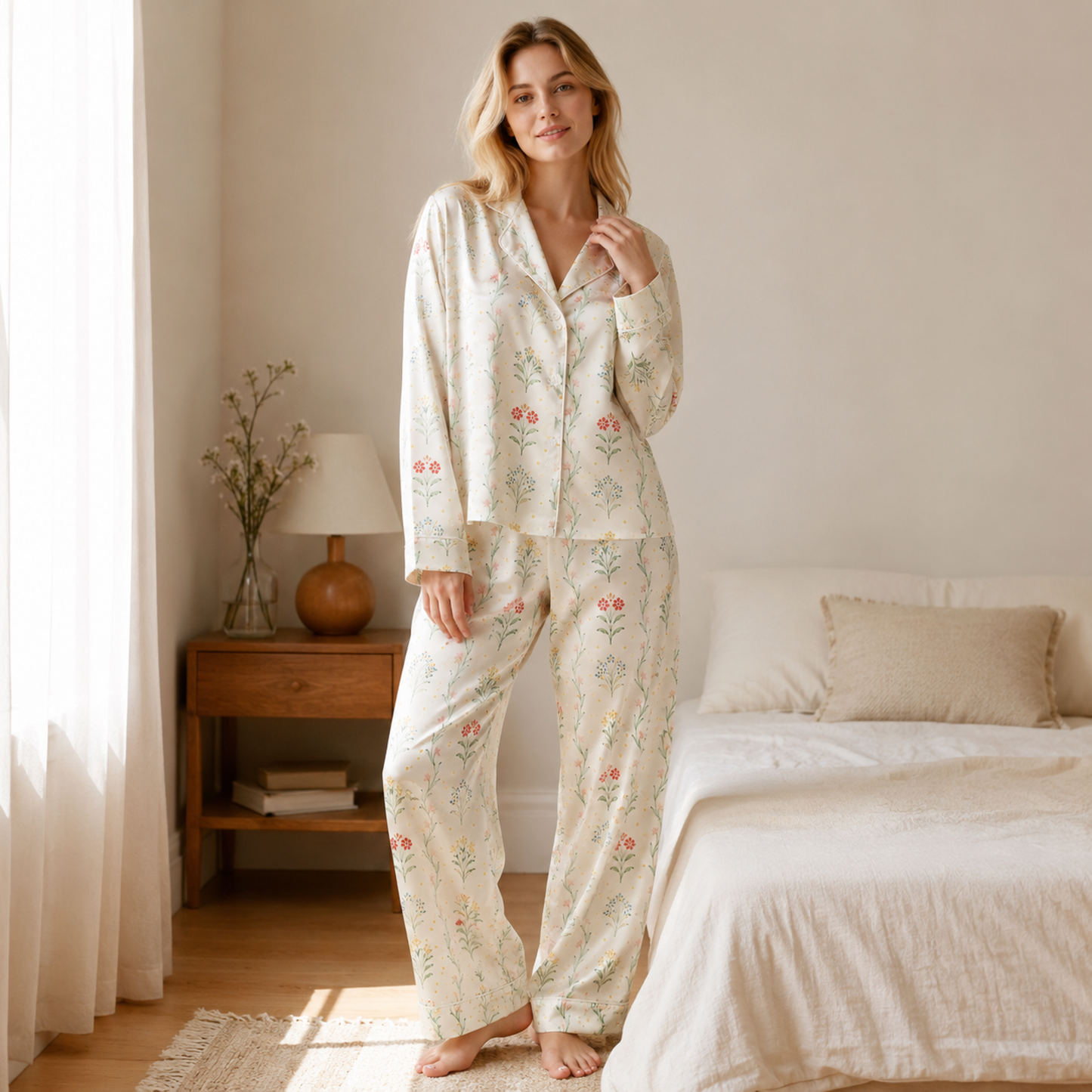 PJ-M255-Flower Pattern Satin Pajama Set, Soft Matching Sleepwear for Everyday Comfort