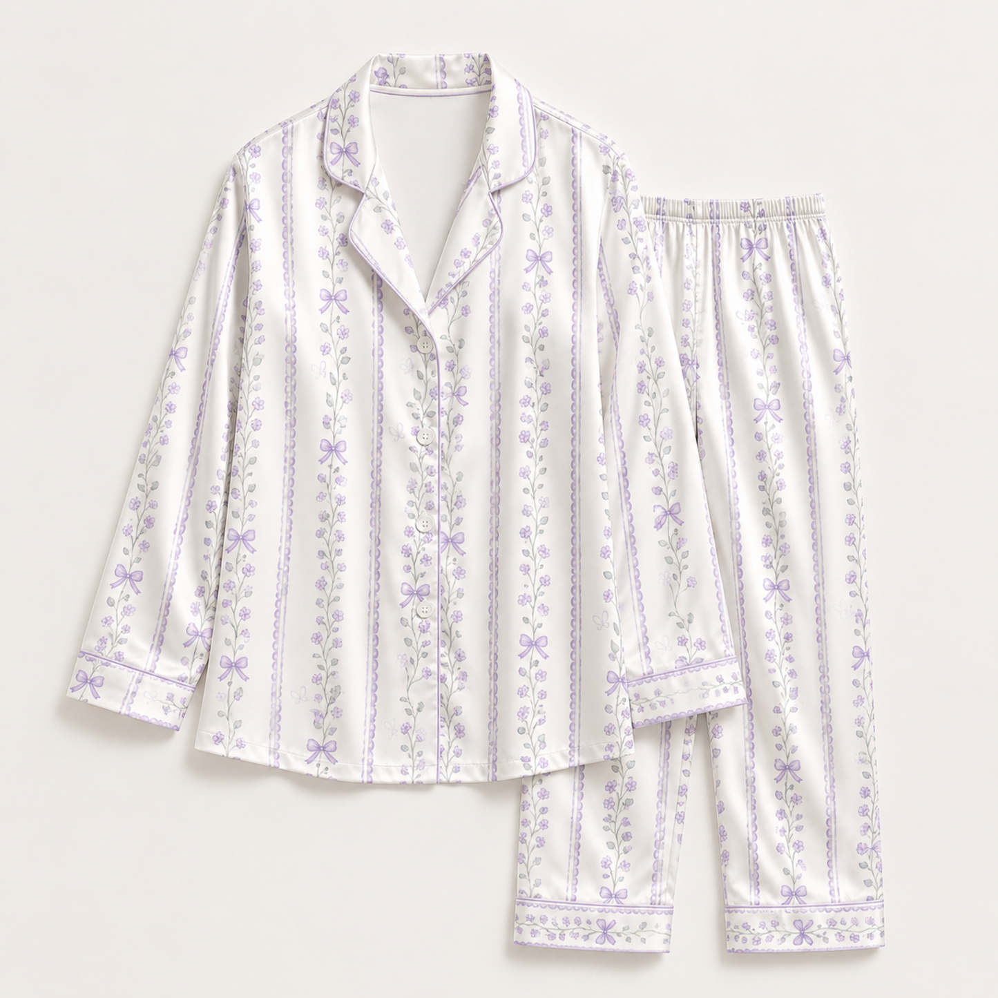 PJ-M256-Elegant Floral Satin Pajama Set, Comfortable Matching Nightwear and Loungewear