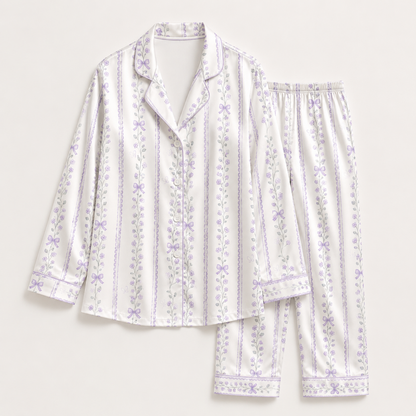PJ-M256-Elegant Floral Satin Pajama Set, Comfortable Matching Nightwear and Loungewear