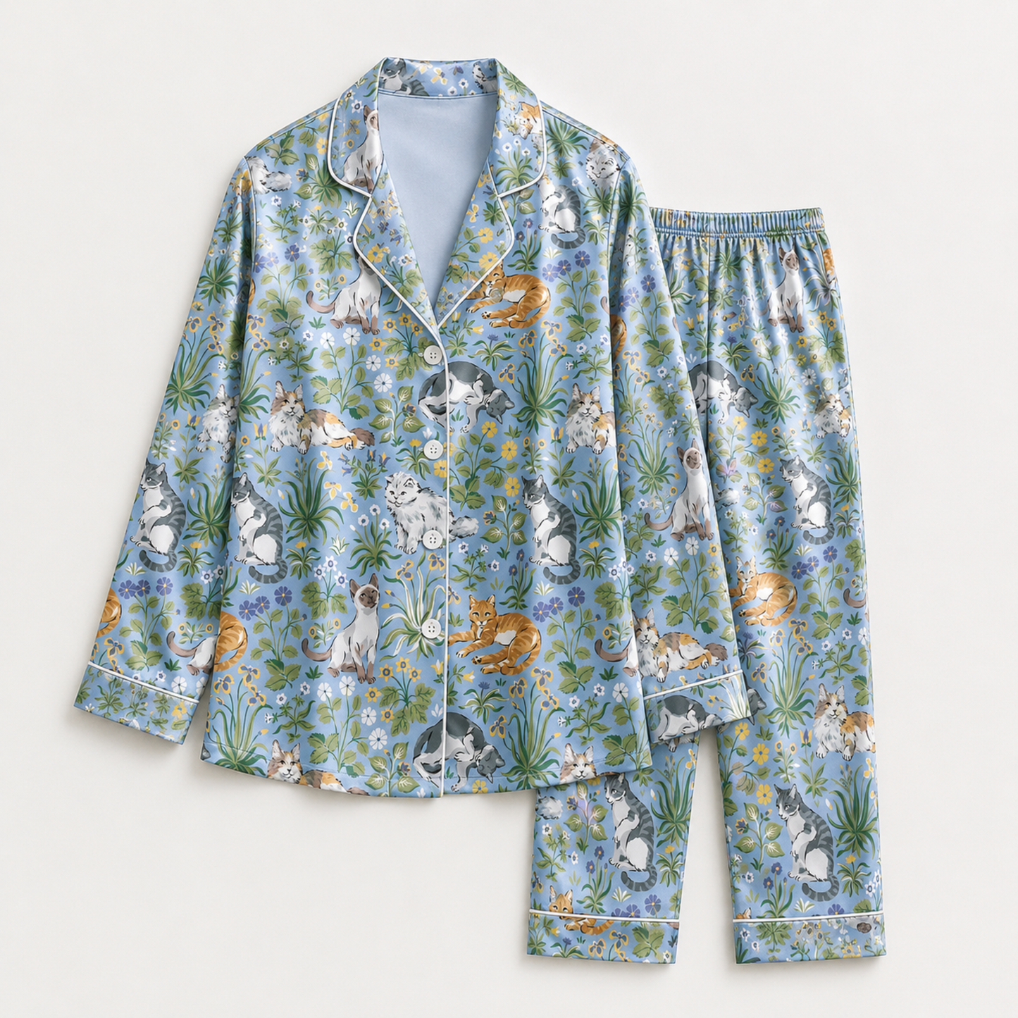 PJ-M257-Cute Cat Satin Pajama Set with Playful Kitty Pattern for Cozy Everyday Sleepwear