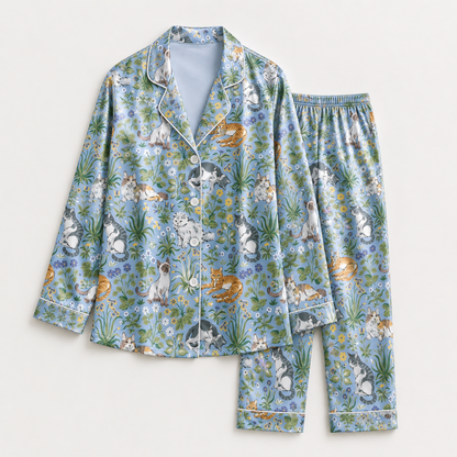 PJ-M257-Cute Cat Satin Pajama Set with Playful Kitty Pattern for Cozy Everyday Sleepwear