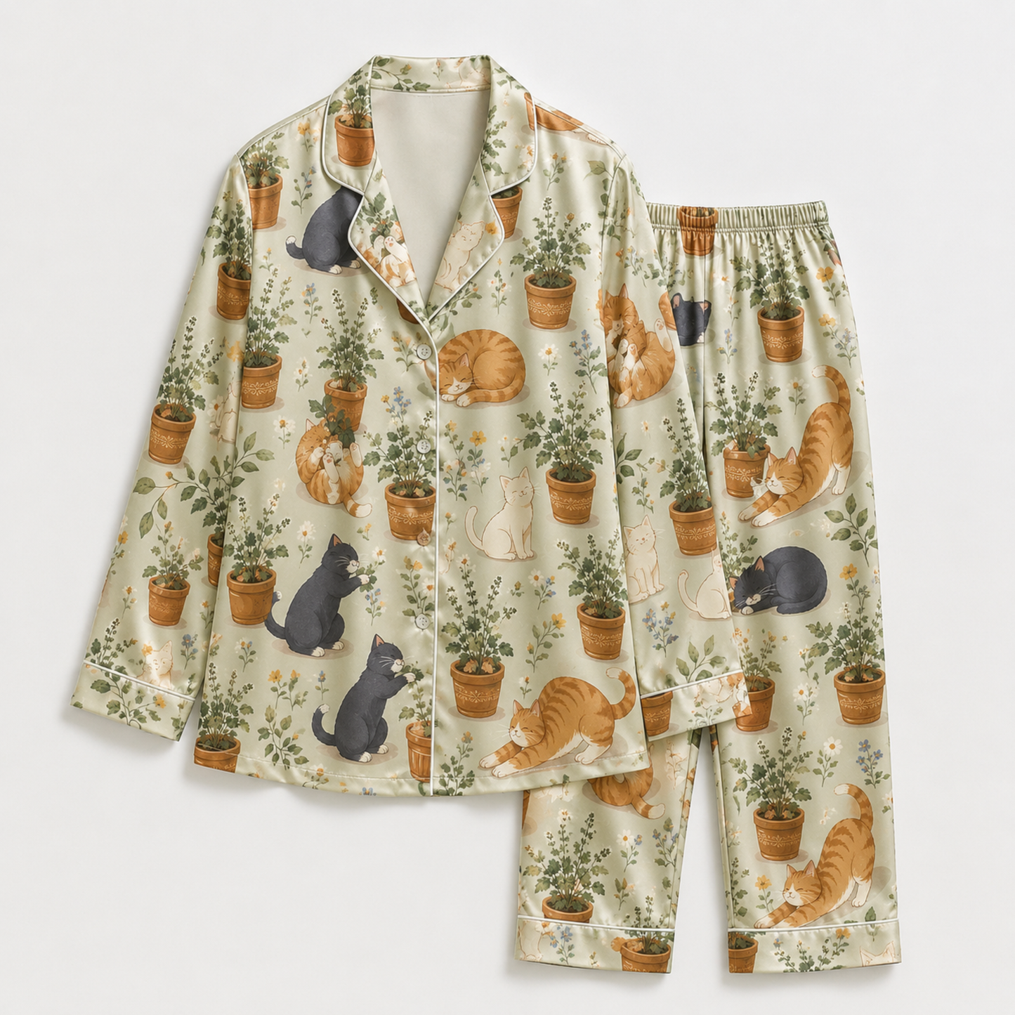 PJ-M258-Adorable Kitty Satin Pajama Set with Cute All Over Cat Pattern for Cozy Sleepwear