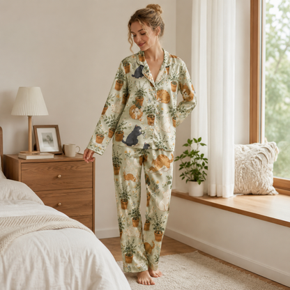 PJ-M258-Adorable Kitty Satin Pajama Set with Cute All Over Cat Pattern for Cozy Sleepwear