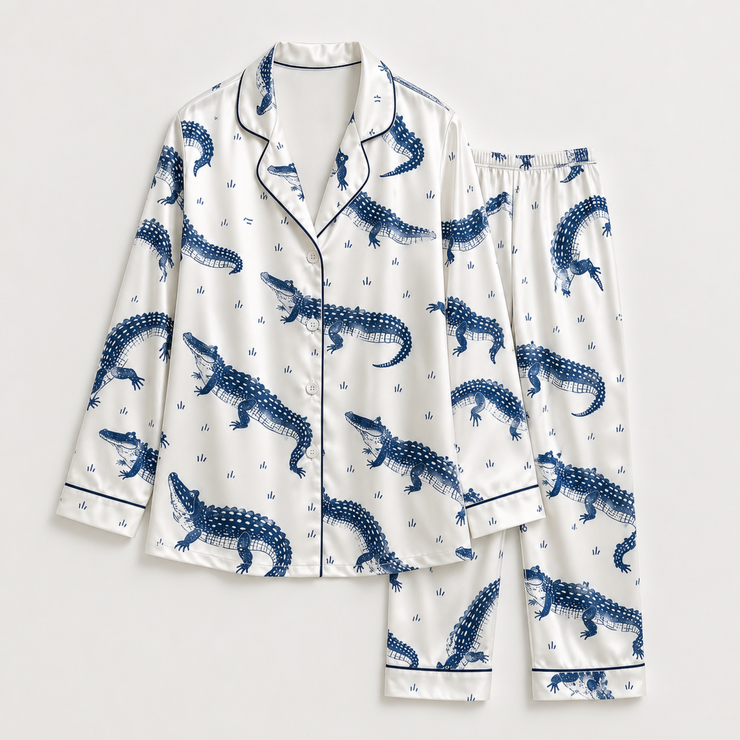 PJ-M259-Cute Crocodile Satin Pajama Set with Playful Reptile Pattern for Cozy Everyday Sleepwear