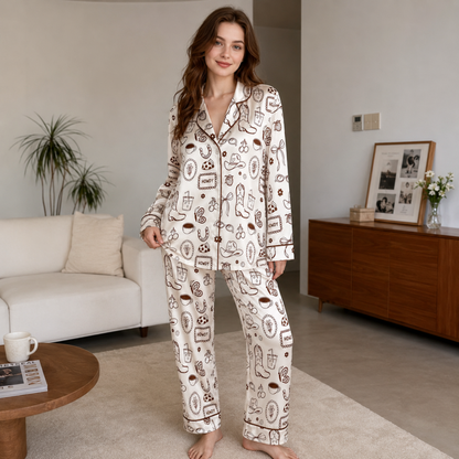 PJ-M260-Elegant Ribbon Drink Boot Pattern Satin Pajama Set, Soft Matching Sleepwear for Everyday Comfort