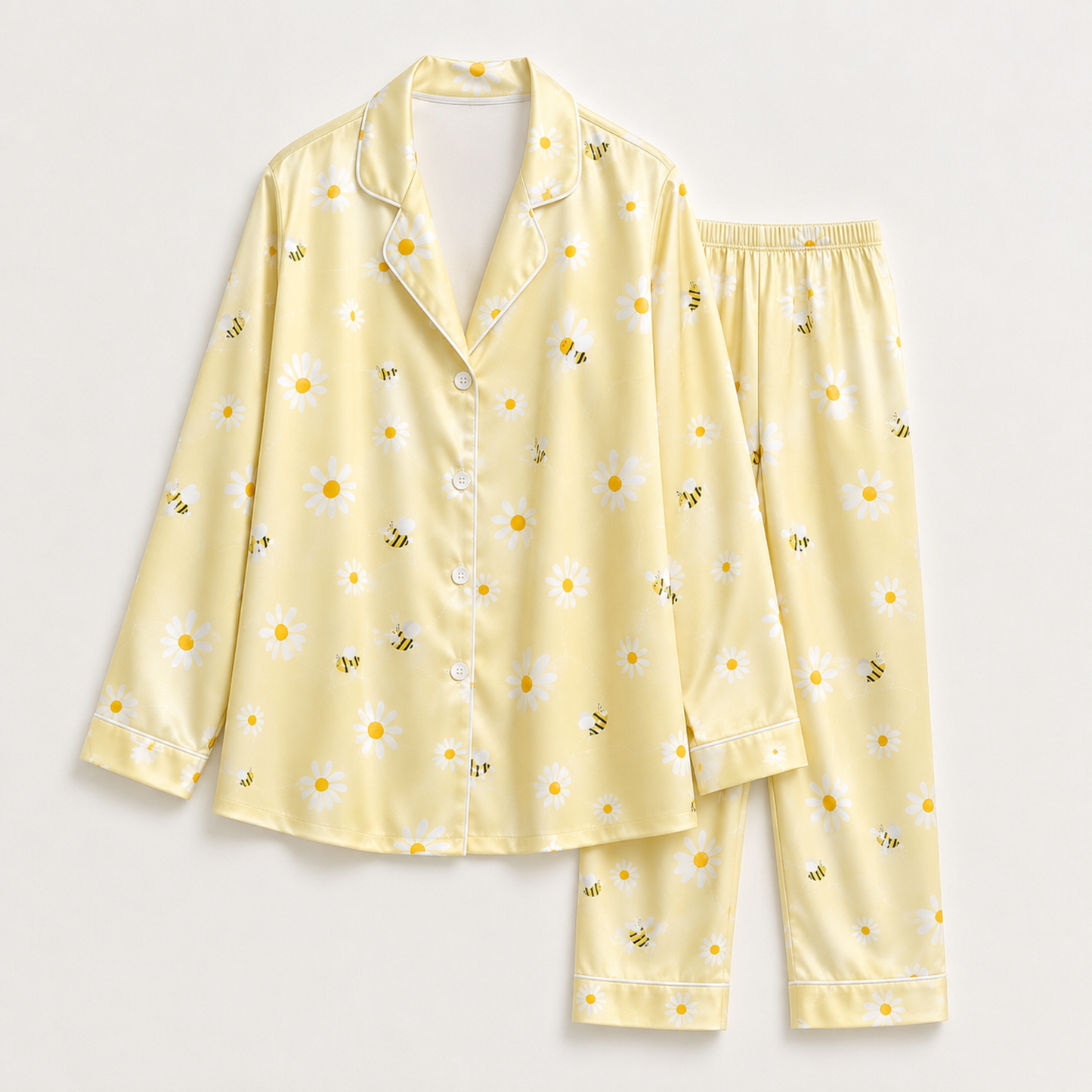 PJ-M262-Blooming Daisy Flower Print Satin Pajama Set, Luxurious Sleepwear with Botanical Design