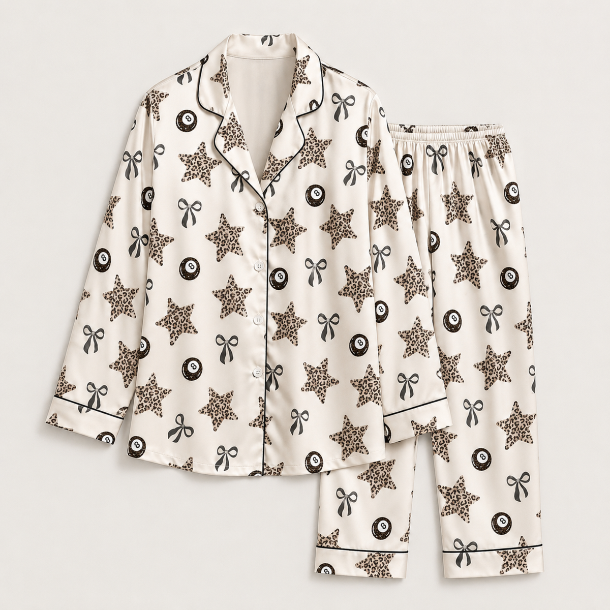 PJ-M266-Billiards Satin Pajama Set with Pool Balls, Stars and Cue Game Pattern for Cozy Sleepwear and Playful Loungewear