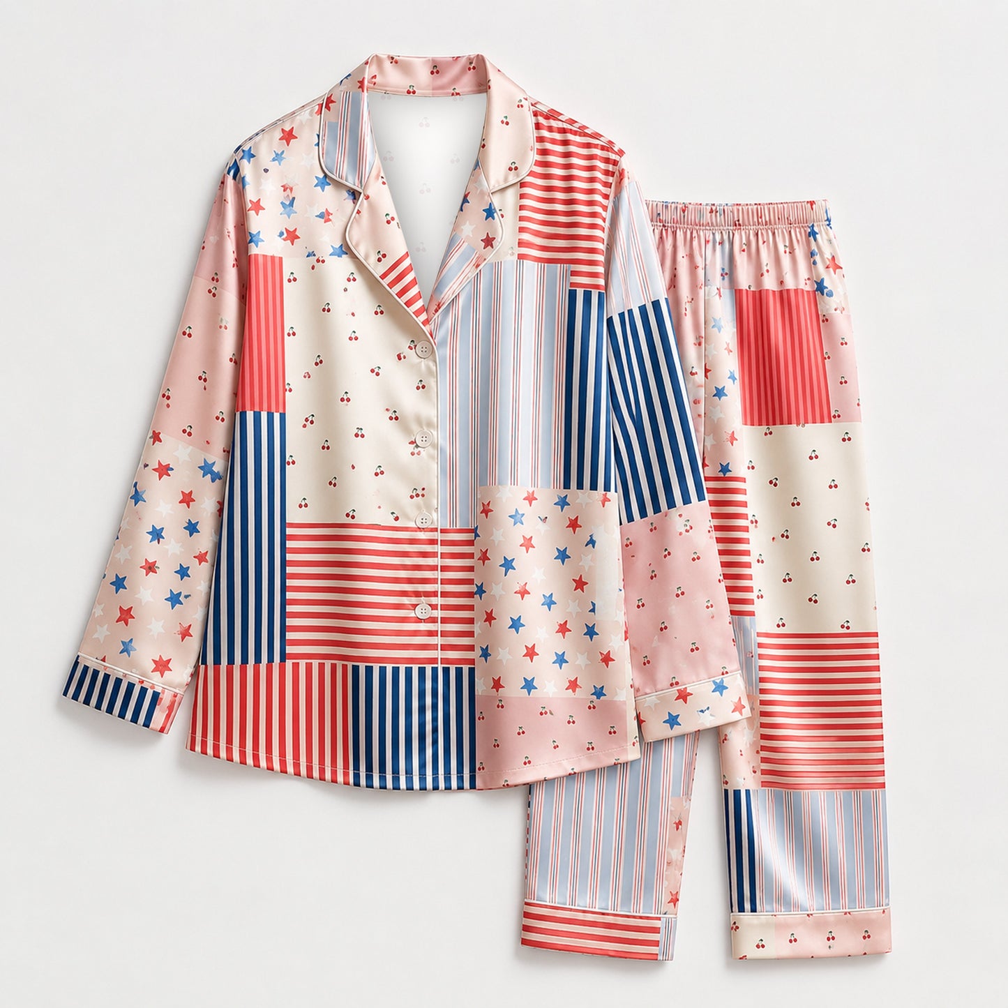 PJ-M267-Patriotic Stars & Stripes Satin Pajama Set with Americana Pattern for Fourth of July Celebrations and Festive Loungewear