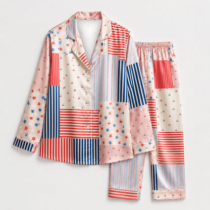 PJ-M267-Patriotic Stars & Stripes Satin Pajama Set with Americana Pattern for Fourth of July Celebrations and Festive Loungewear