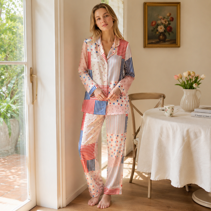 PJ-M267-Patriotic Stars & Stripes Satin Pajama Set with Americana Pattern for Fourth of July Celebrations and Festive Loungewear