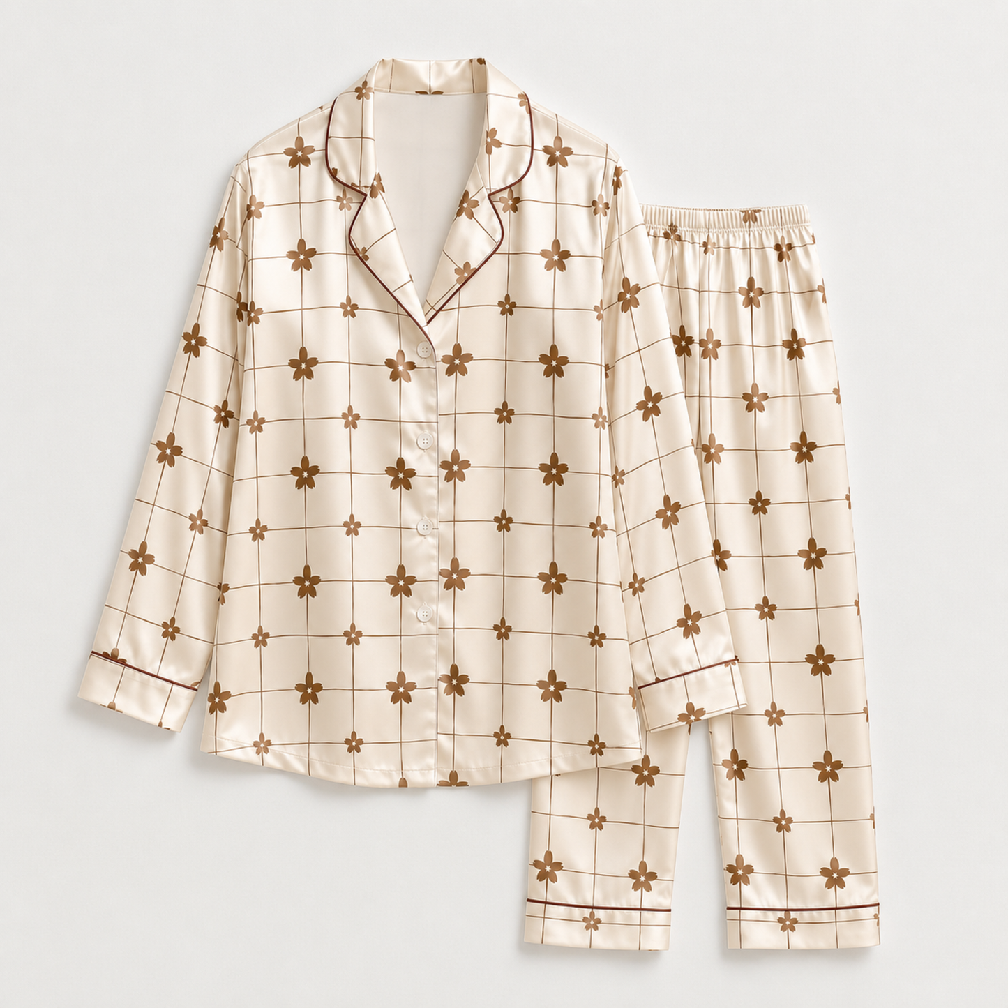 PJ-M268-Classic Flower Pattern Satin Pajama Set, Stylish Matching Nightwear for Everyday Comfort