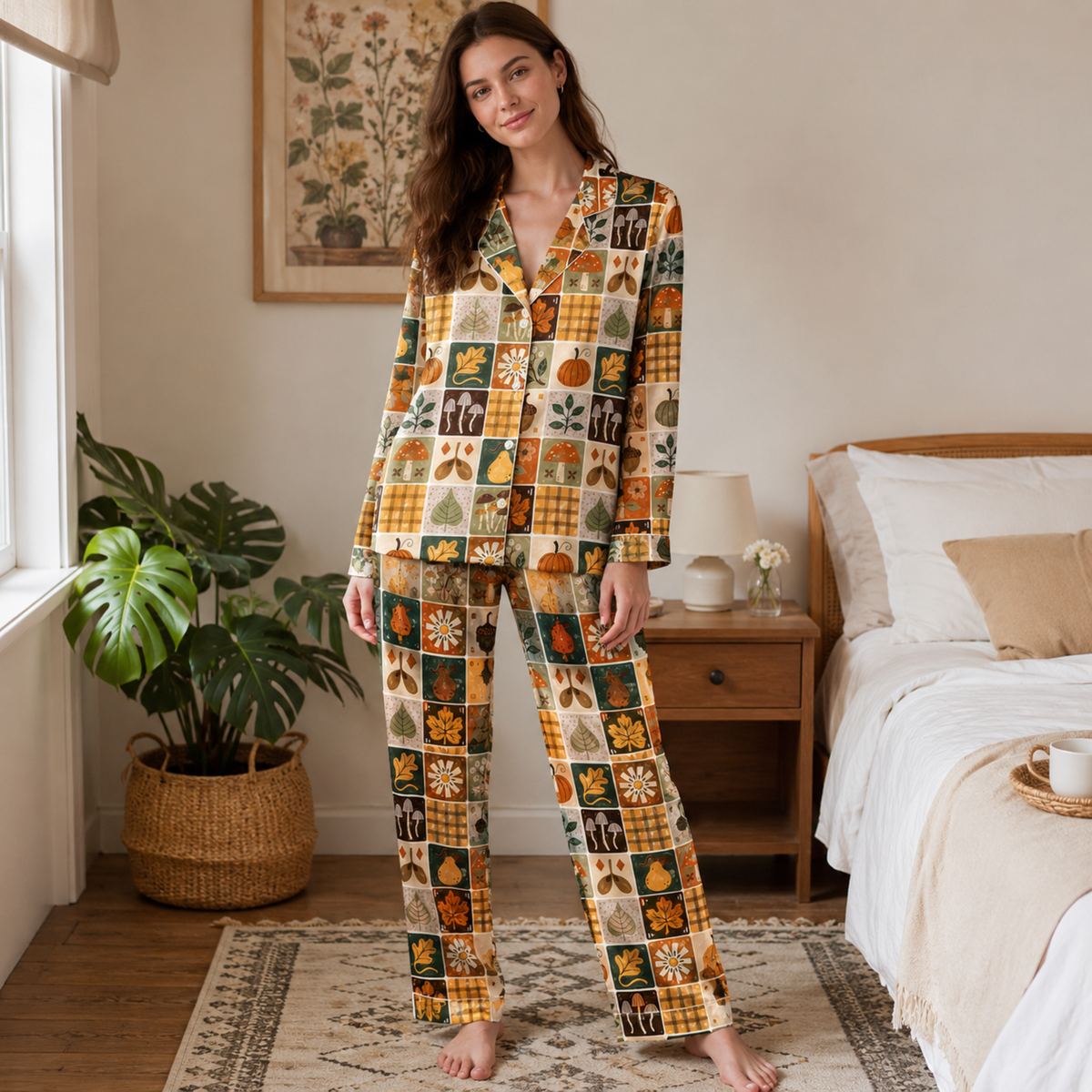 PJ-M269-Garden Floral Pattern Satin Pajama Set, Matching Lounge and Sleepwear Collection