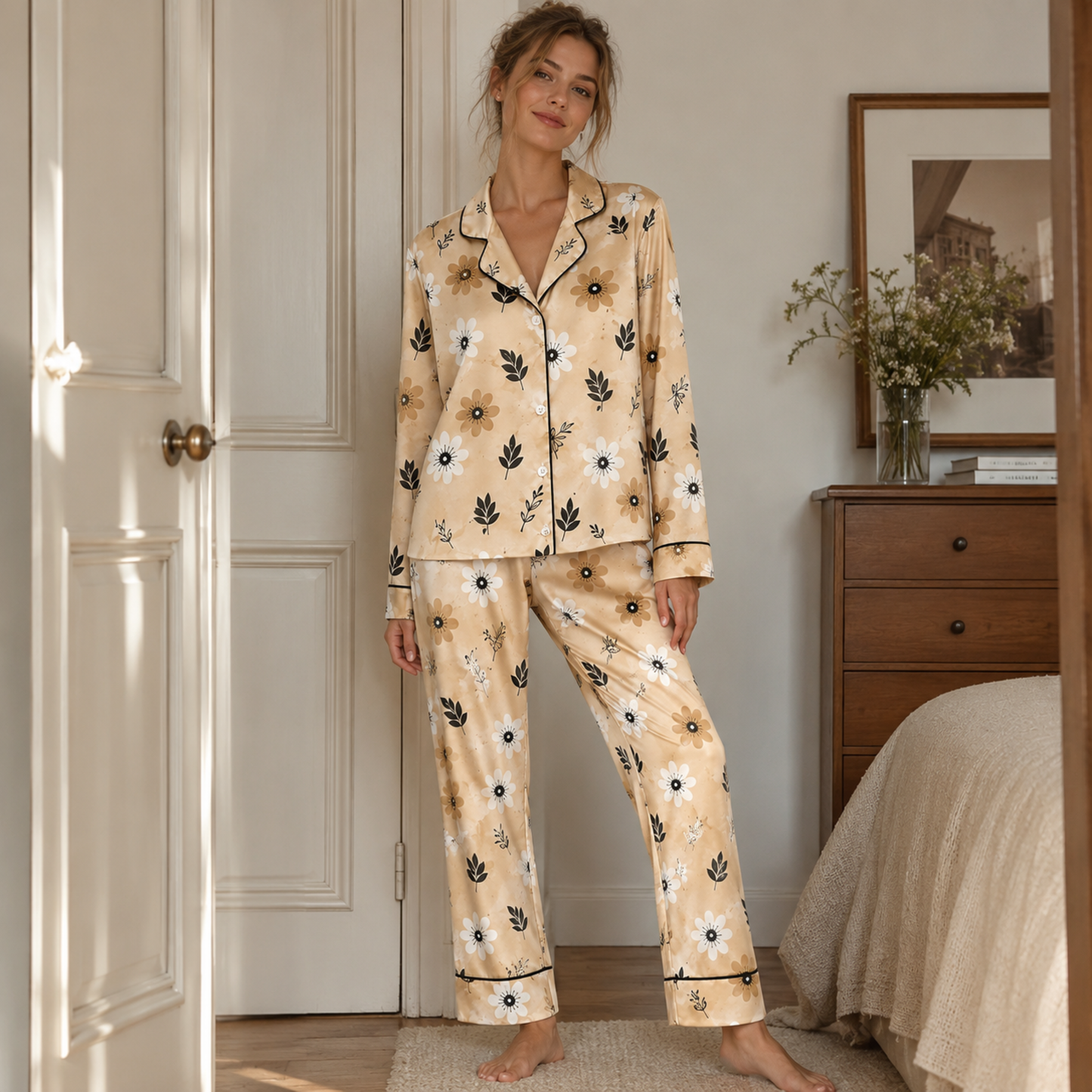 PJ-M271-Flower Floral Daisy Print Pajama Set with Relaxed Fit and Soft Everyday Comfort